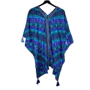 Miraclesuit Blue Curacao Caftan 100% Cotton Ikat Swimwear Cover Up Size M